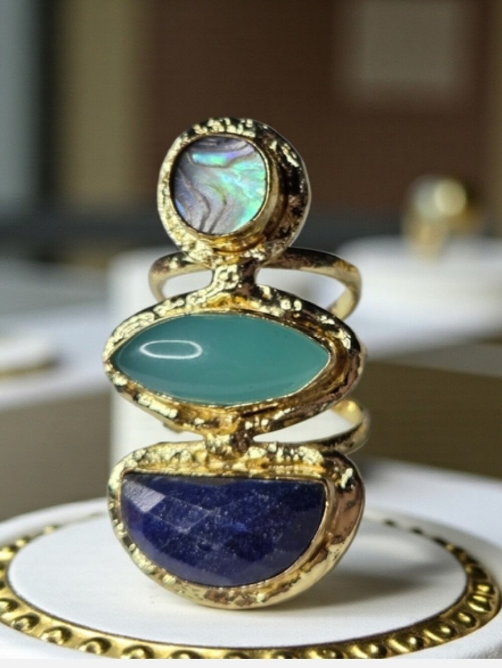 18k Gold Plated Artisan Lapis Lazuli Chalcedony Abalone Shell Statement Ring